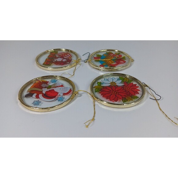 Suncatcher Christmas Ornament Lot Santa Claus Bear Bells Poinsetta Flowers Lot - Picture 8 of 9